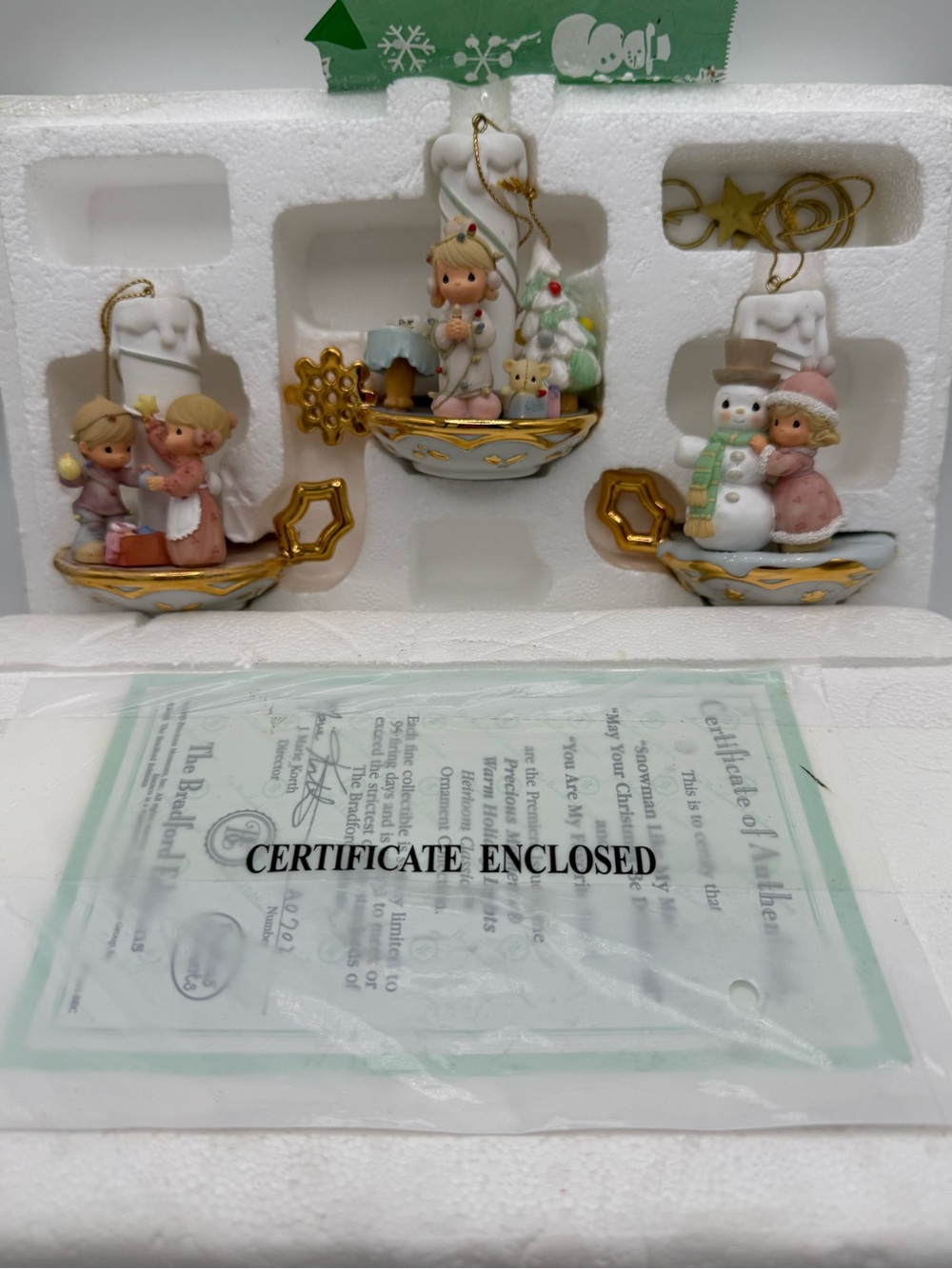 Precious Moments White and Gold Ceramic Candle Ship Ornaments Trio